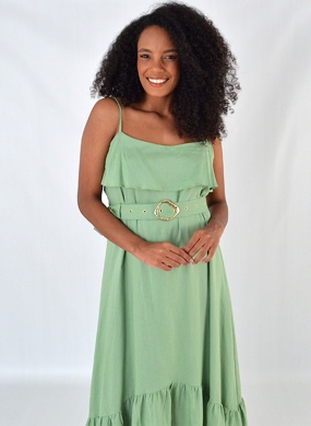 Vestido Em Viscolinho Longo Com Cinto Kaele Verde - Foto 2