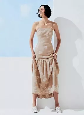 Vestido Midi Cor Caqui Com Bordados MX Fashion - Foto 1