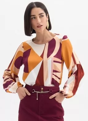 Blusa Solta Estampa Outono Geométrico Flor de Lis - Foto 1