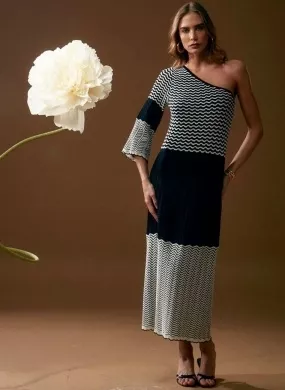 Vestido Um Ombro Só Tricô Preto e Branco Haes  - Foto 1