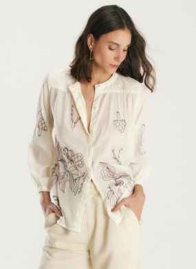 Camisa Voil Bordado Contraste Off White Cant�o - Foto 1
