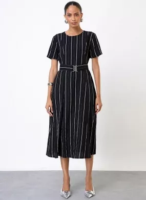 Vestido Midi Crepe Listrado Metalizado Seiki - Foto 1