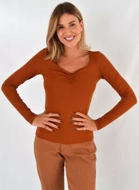Blusa Canelada Marrom Flor de Lis - Foto 1