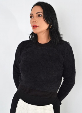 Blus�o De Pelinhos Em Malha De Tric� Preta Lez a Lez - Foto 1