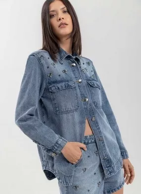 Camisa Jeans Overshirt Com Apliques De Brilhos Lez a Lez - Foto 1