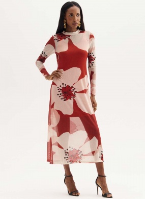 Vestido Midi Tule Estampado Flores de Inverno Flor de Lis - Foto 1