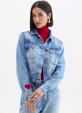 Jaqueta Jeans Trucker Com Aplica��es Flor De Lis - Foto 1