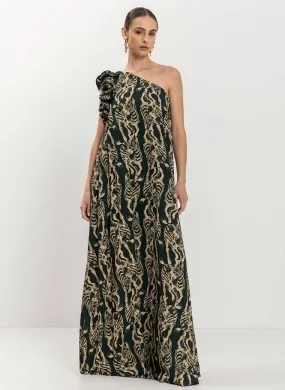 Vestido Longo Um Ombro Só Estampa Zebra Plisse Verde Lez a lez - Foto 1