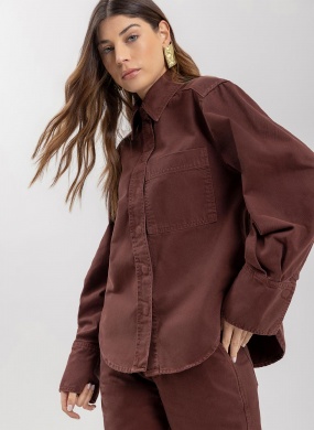 Camisa Alongada Em Sarja Marrom Lez a Lez - Foto 1