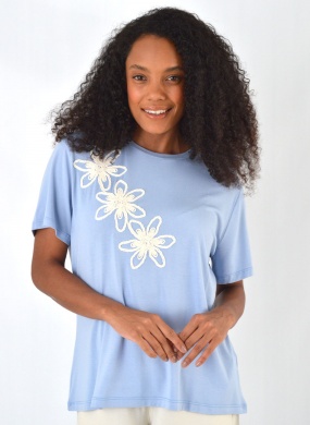 Blusa Viscose Frente Bordada Azul Seiki  - Foto 1