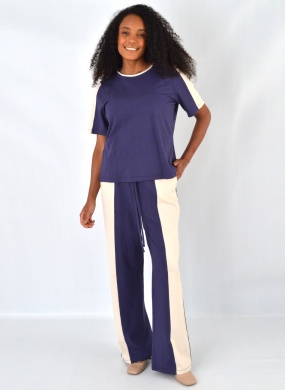 Conjunto Viscose Globe Azul Marinho Detalhes em Off-White - Foto 1