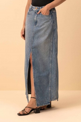 Saia Jeans Longa De Cintura Alta Com Fenda E Recortes Lez a Lez - Foto 1