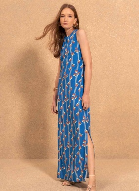 Vestido Longo Estampado Com Al�as Cruzadas Nas Costas Lez a Lez - Foto 1