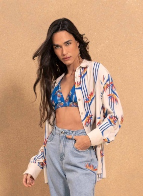 Camisa Alongada Estampada Bot�es Laterais - Foto 4
