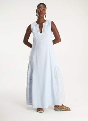 Vestido Longo Linho Bordado Azul Cant�o - Foto 5