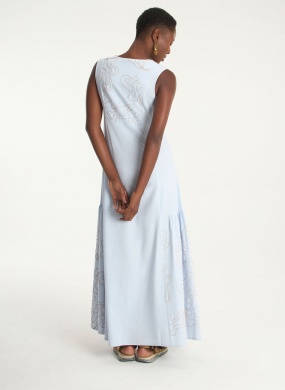 Vestido Longo Linho Bordado Azul Cant�o - Foto 7