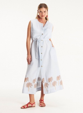 Vestido Chemisie Azul Linho Bordado Para�so Cant�o - Foto 1