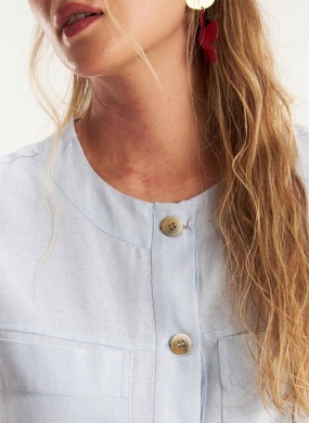 Vestido Chemisie Azul Linho Bordado Para�so Cant�o - Foto 3