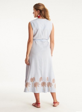 Vestido Chemisie Azul Linho Bordado Para�so Cant�o - Foto 5