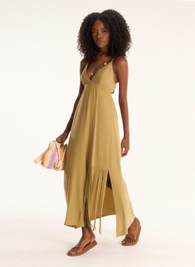 Vestido Caqui Franjas Liocel Falesia Cant�o - Foto 1