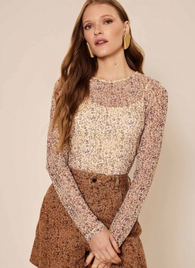 Blusa Bege Animal Print Tule Lez a Lez - Foto 1