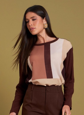 Blusa Viscose Canelada Frente em Chiffon Gatos e Atos Marrom - Foto 1