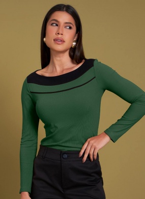 Blusa Bicolor Viscose Canelada Verde Gatos e Atos  - Foto 1