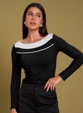 Blusa Bicolor Viscose Canelada Preto Gatos e Atos  - Foto 1
