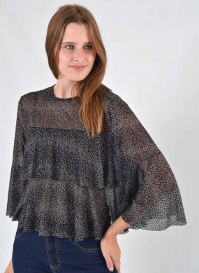 Blusa com Babado Tule Estampado Preto Del Amo Preto - Foto 3