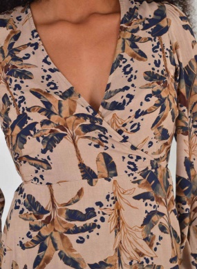 Vestido Bege Ch� Estampado Com Mangas Longas Lez a Lez - Foto 2
