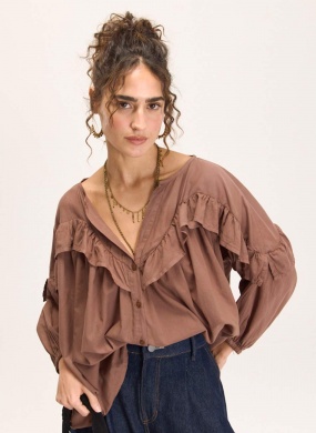 Camisa Marrom voil Boho Babados Cant�o - Foto 1