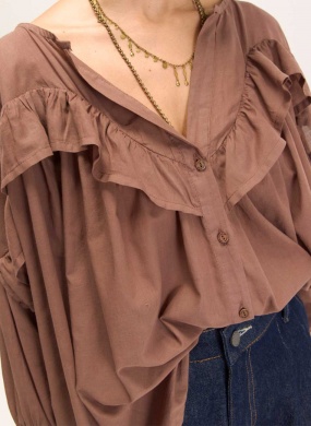 Camisa Marrom voil Boho Babados Cant�o - Foto 4