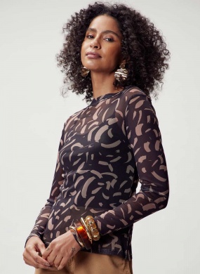 Blusa Preto em Tule Estampado Flor de Lis - Foto 1