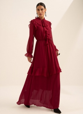Vestido Bordo Longo Com Babados Lez a Lez - Foto 1