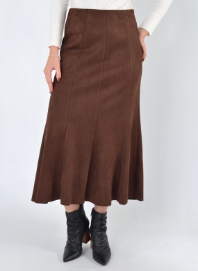Saia Suede Midi Evase Marrom Elanova - Foto 1